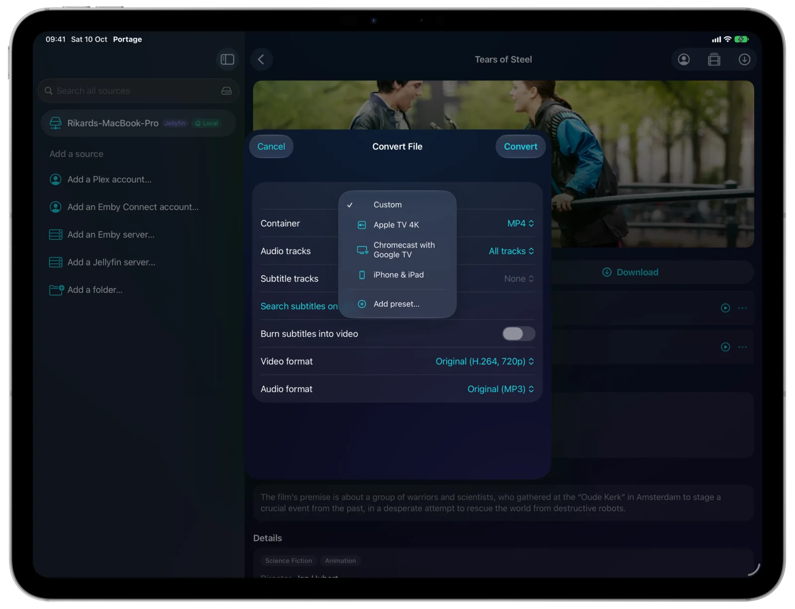 The Convert sheet on iPad with presets for Apple TV 4K, Chromecast with Google TV and iPhone and iPad