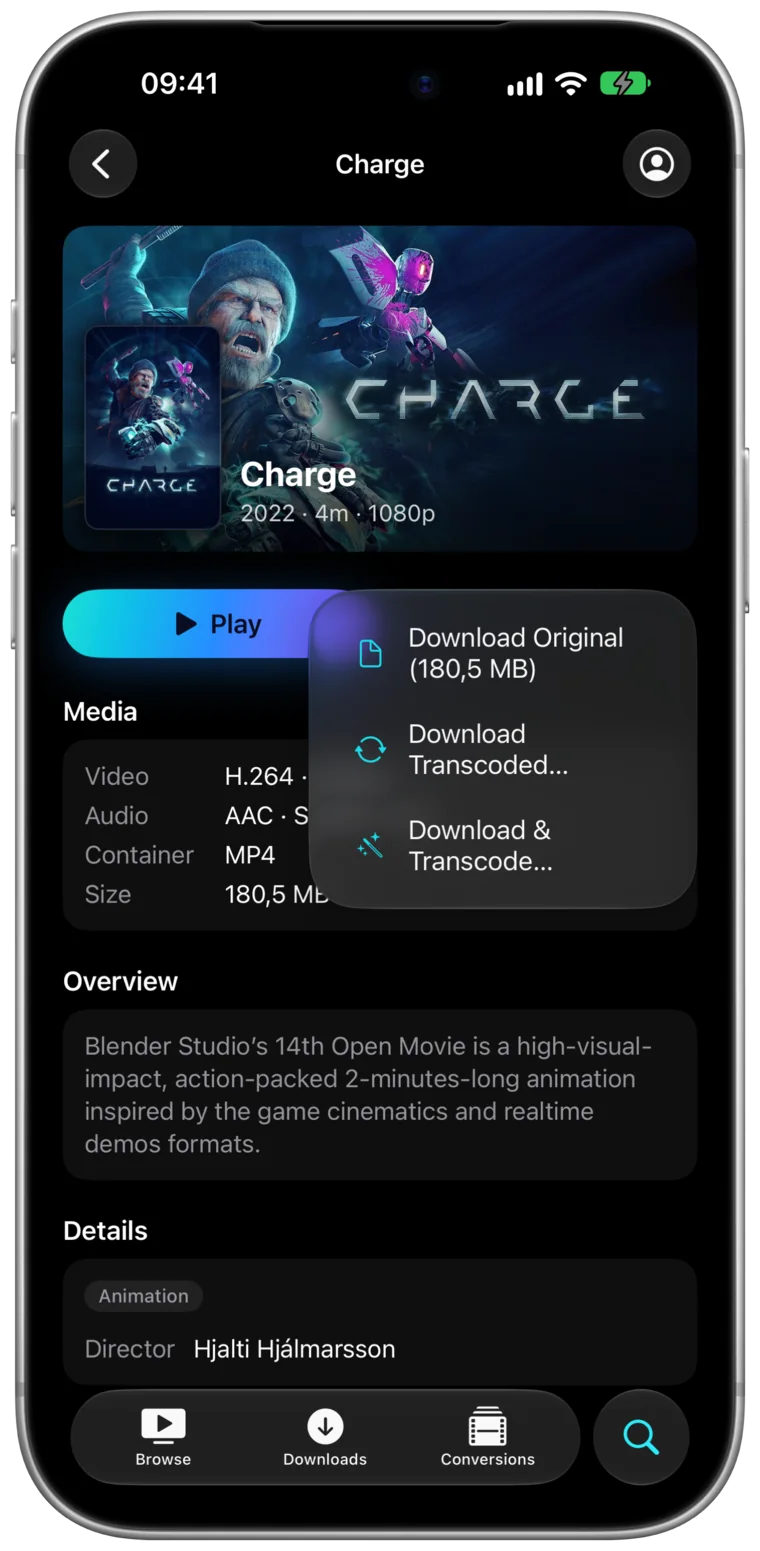 A film page on iPhone with the download menu open: Download Original, Download Transcoded, Download and Transcode