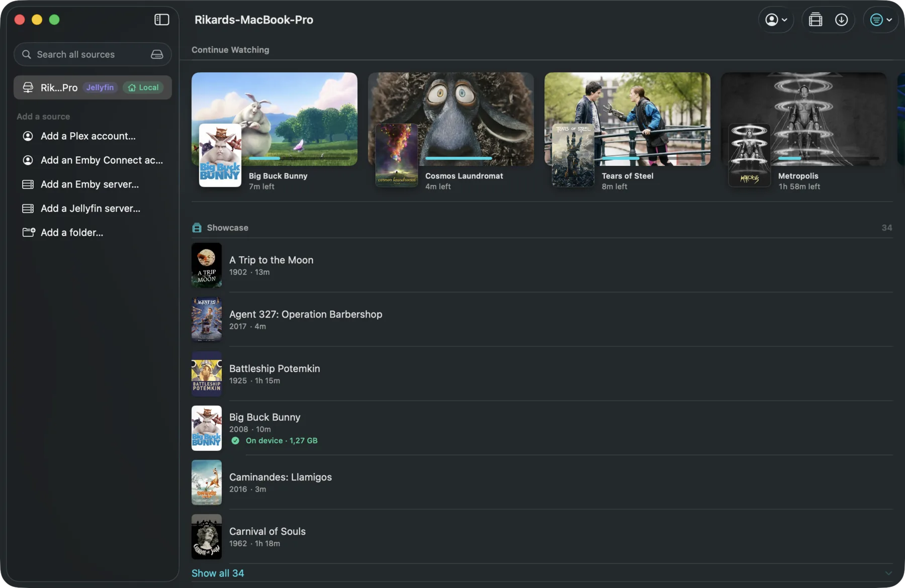 Portage on a Mac with a Jellyfin server in the sidebar, Continue Watching across the top and the library below