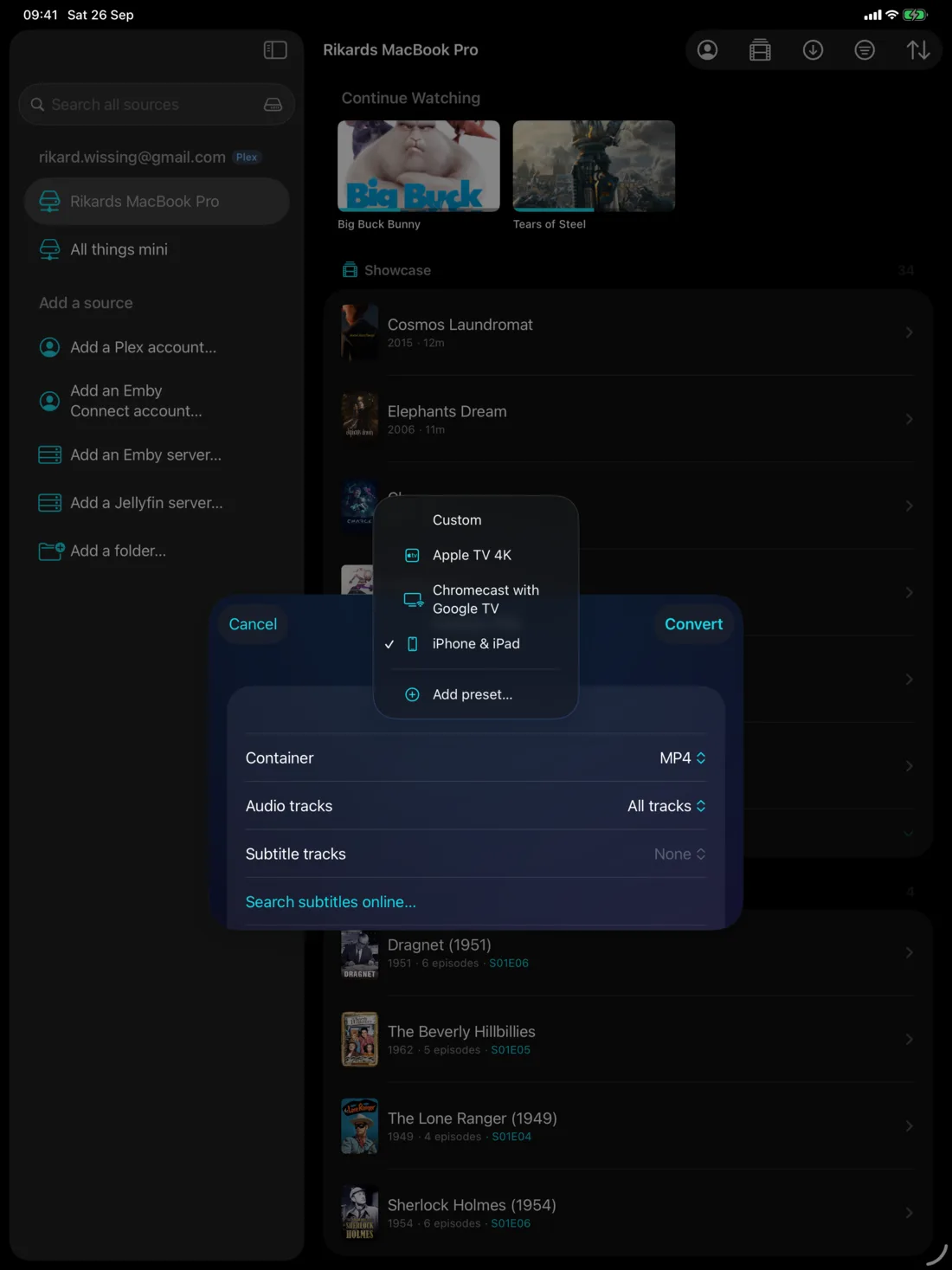 The Convert sheet on iPad with a list of devices to optimize for: Apple TV, Chromecast, iPhone and iPad