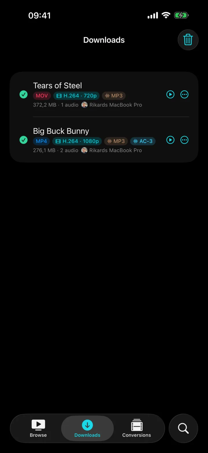 The Downloads tab on iPhone listing two saved films