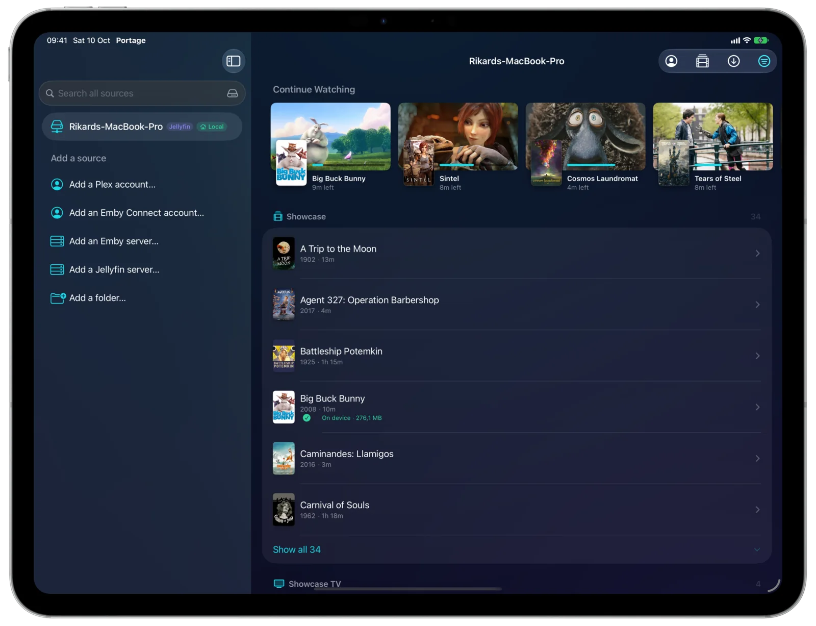Portage on iPad: a Jellyfin server in the sidebar, with its Continue Watching row and library