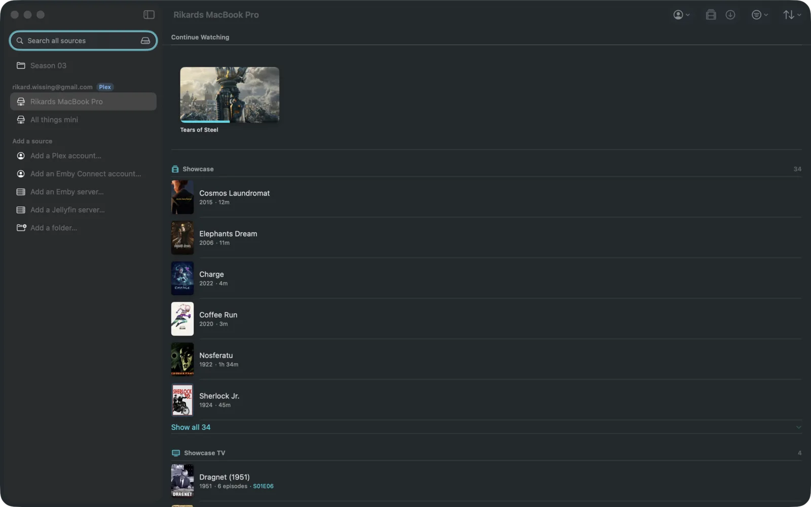 Portage on a Mac: a sidebar of servers on the left, Continue Watching and a movie library on the right