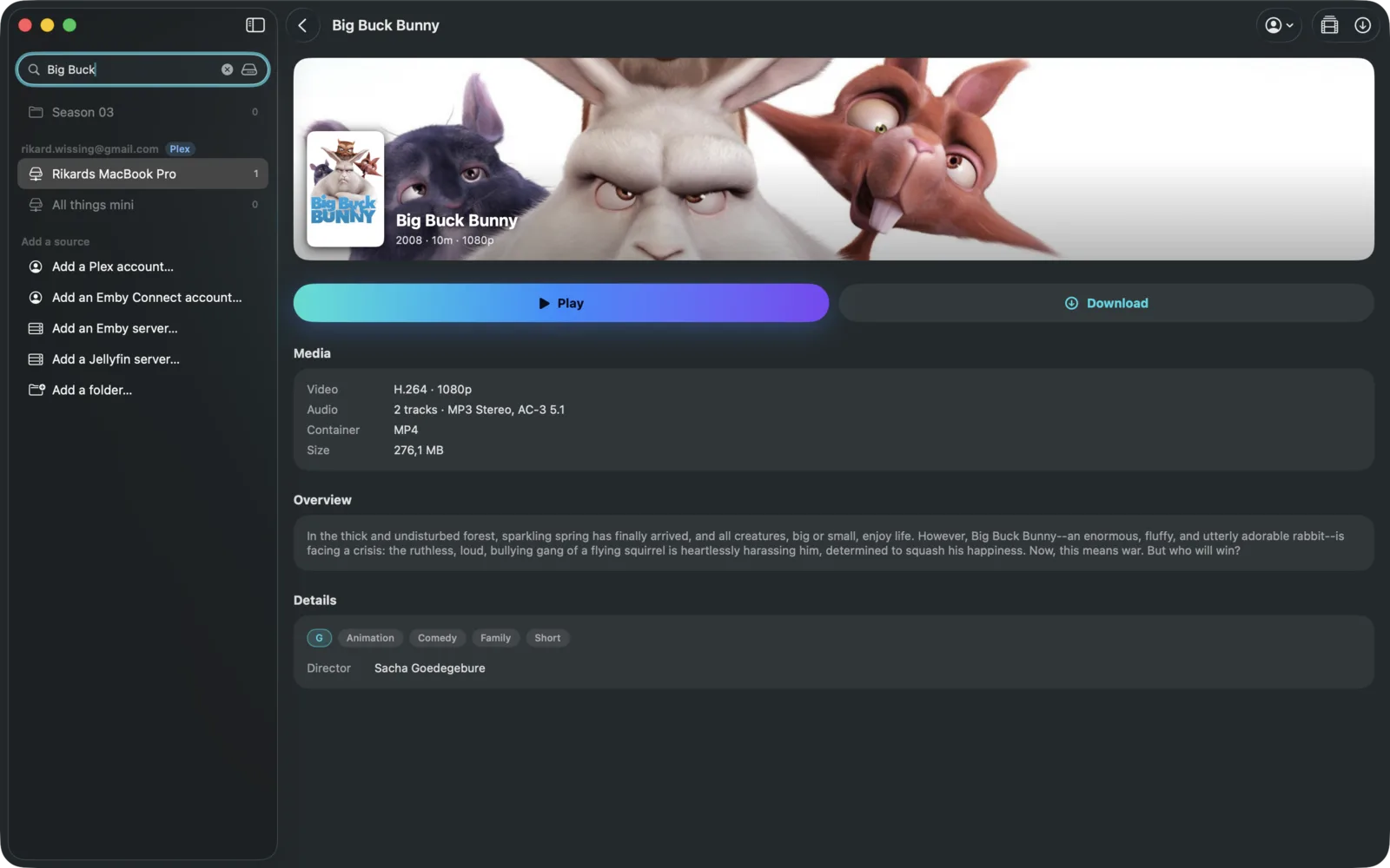 A movie page in Portage on the Mac: artwork, a Play button, a Download button, and details about the film