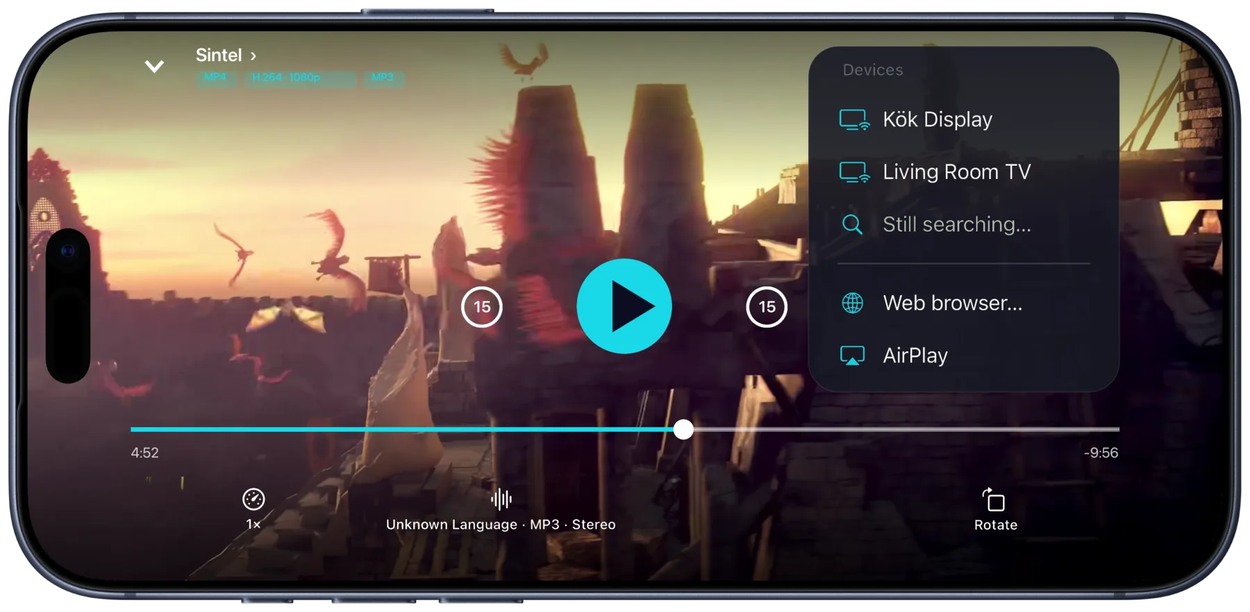 Portage on an iPhone held sideways, playing Sintel, with the cast menu listing two TVs, a web browser and AirPlay