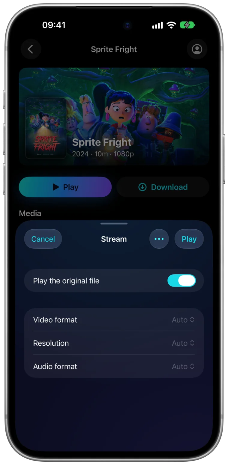 The Stream sheet on iPhone over Sprite Fright: Play the original file is on, with Video format, Resolution and Audio format below