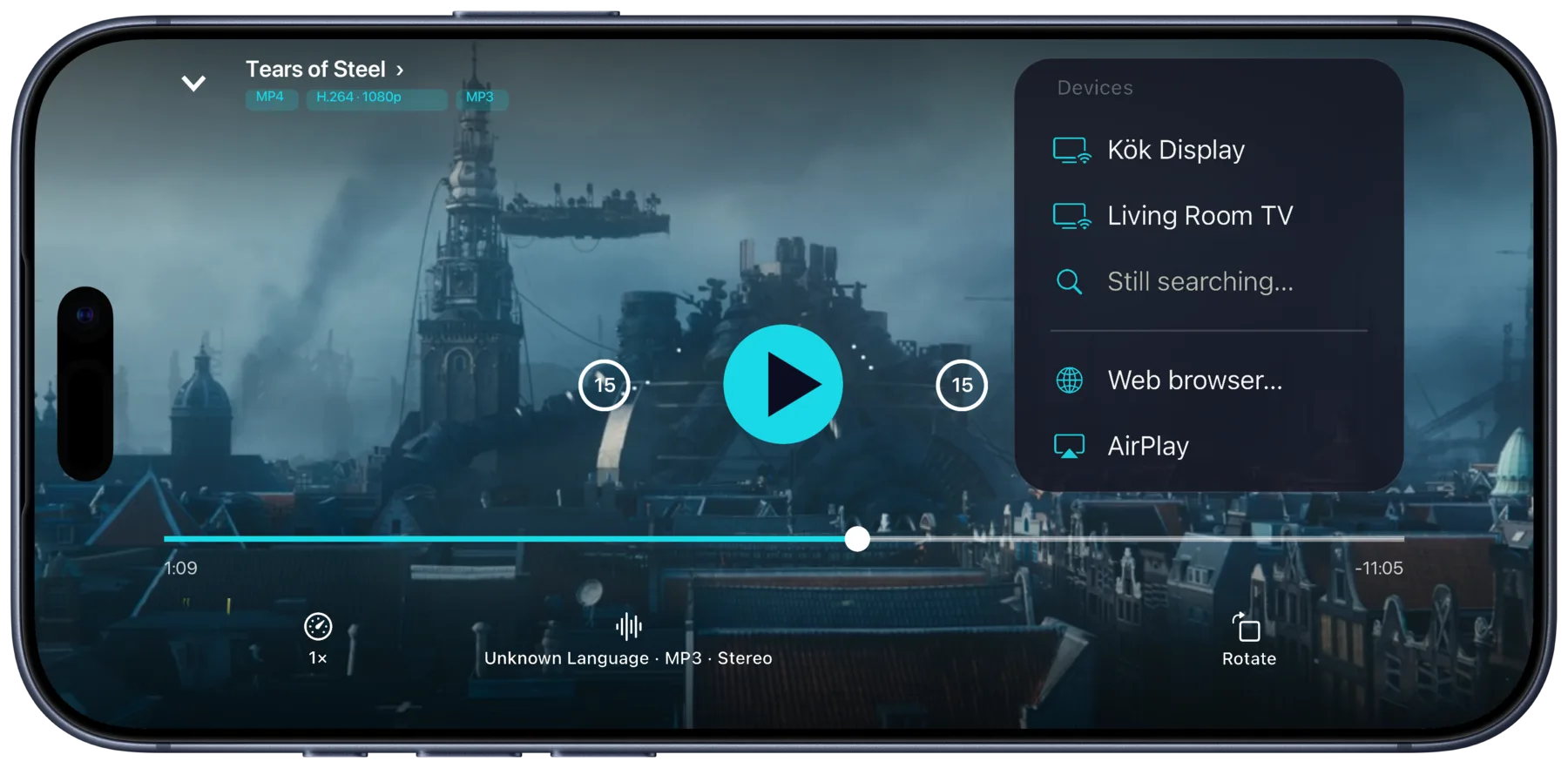 Portage on an iPhone held sideways, playing Tears of Steel, with the cast menu listing two TVs, a web browser and AirPlay